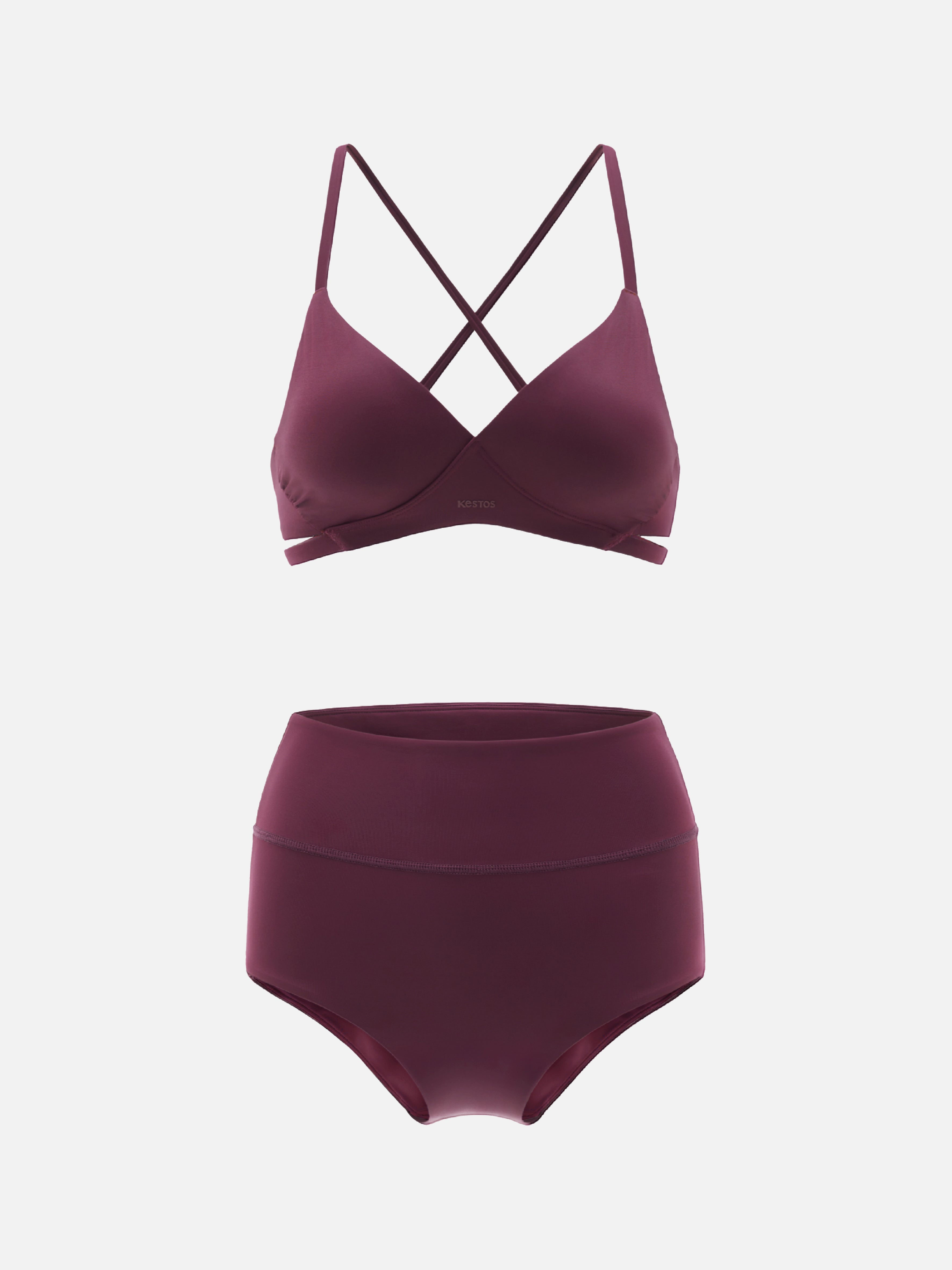 Burgundy bikini set with criss-cross straps on a light gray background