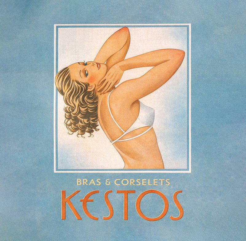 Advertisement for Kestos bras and corselets featuring a woman in a white bra and panties on a blue background.
