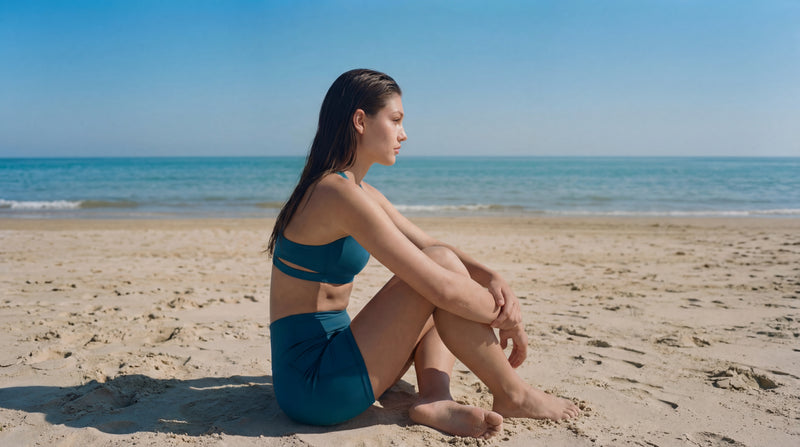 Woman in blue swimsuit sitting on a sandy beach with clear blue sky and ocean.