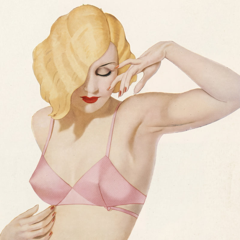 Artistic illustration of a woman wearing a pink bra against a beige background
