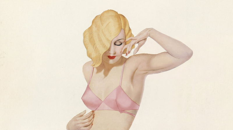 Artistic depiction of a woman in a pink bikini with 'Kestos' branding on a beige background