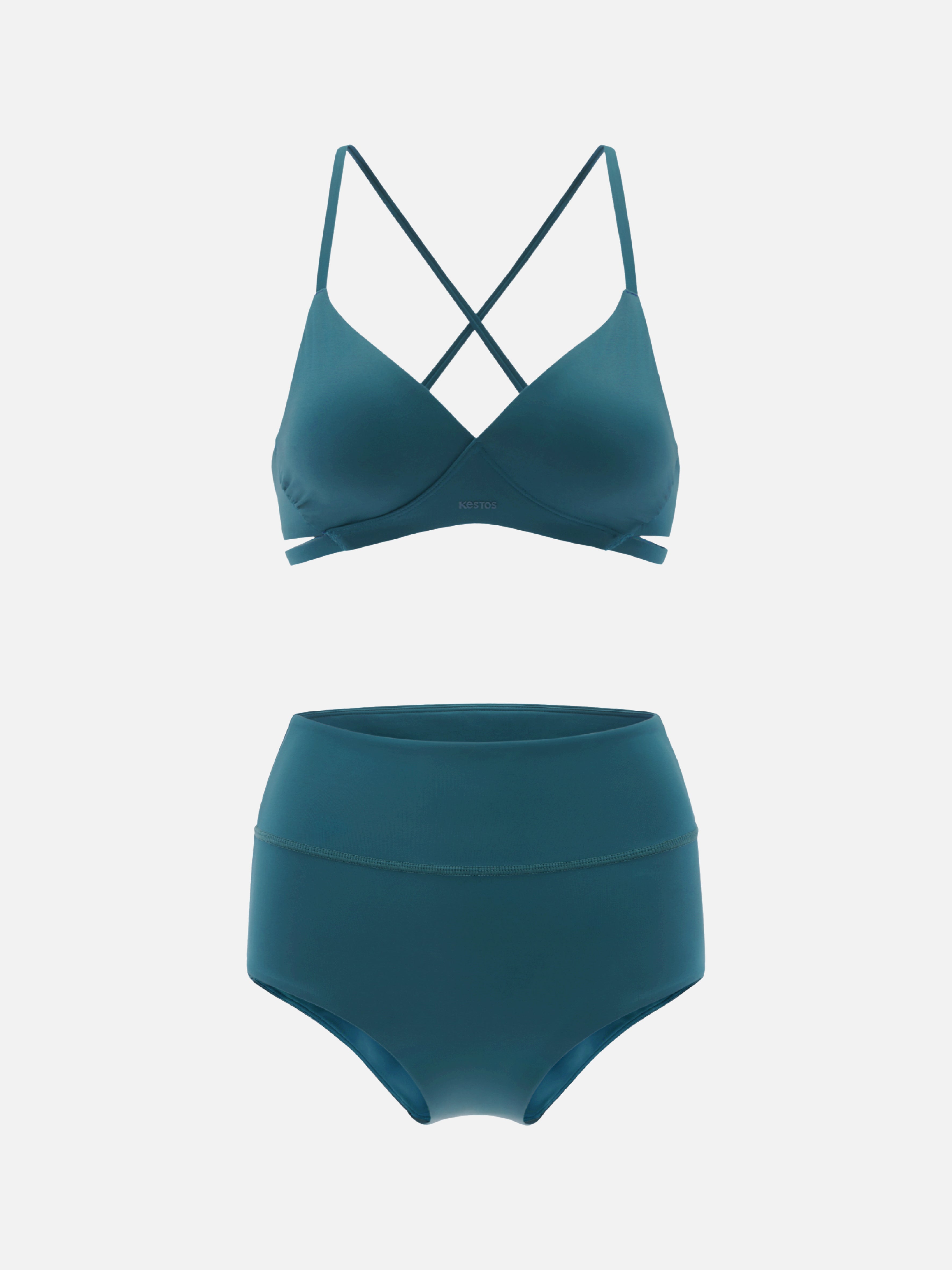 Teal bikini set on a light blue background