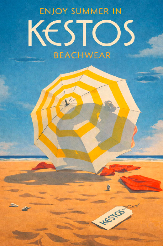 Beach scene with a large striped umbrella and 'Kestos' branding, promoting summer wear.