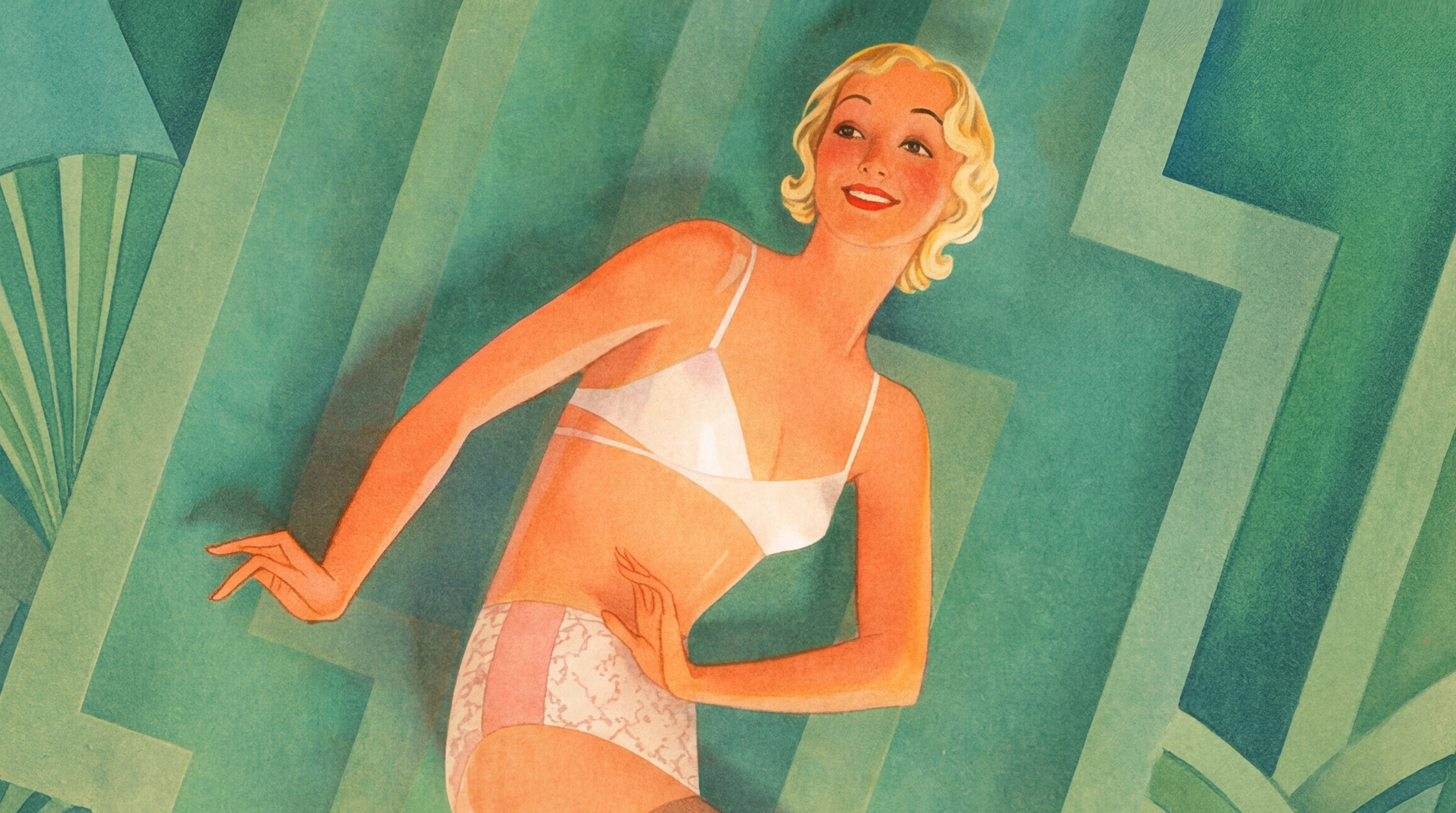 Art Deco-style illustration of a woman in lingerie on a green background