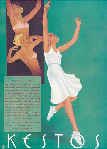 Vintage-style advertisement for Kestos featuring women in athletic wear and a white dress.