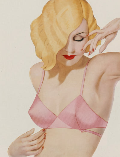 Artistic illustration of a woman wearing a pink bra against a beige background